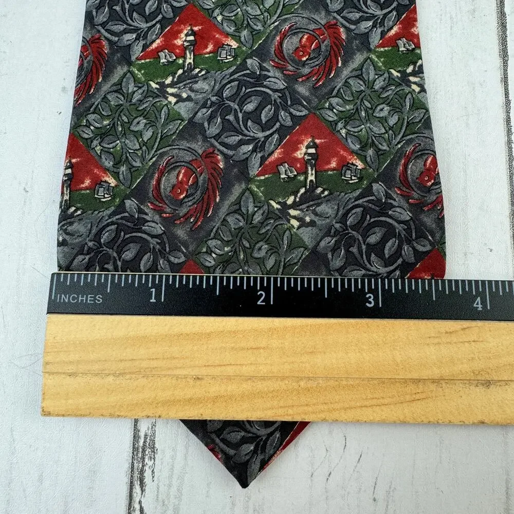 VTG Christian Dior Monsieur Grey/Red Silk Lighthouse & Bird Print Neck Tie Mens